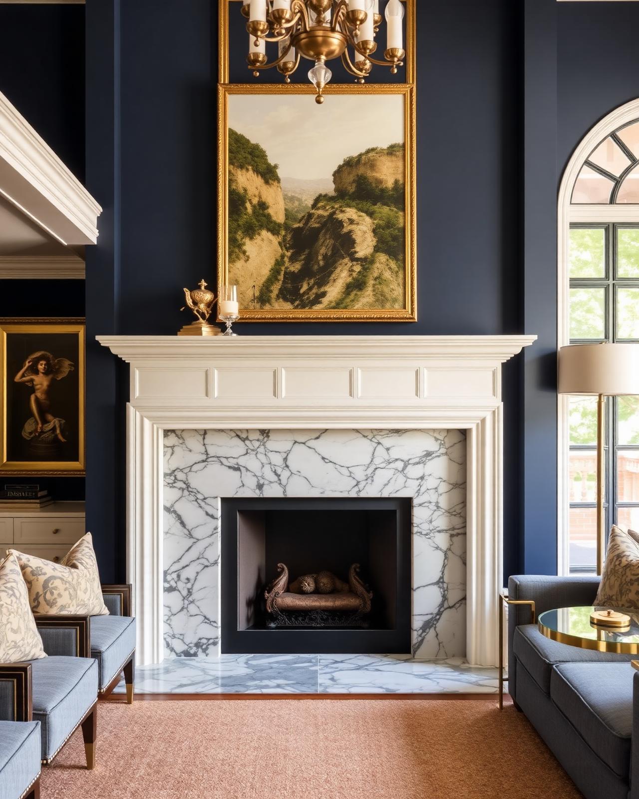 Refined interior with navy walls and gold accents
